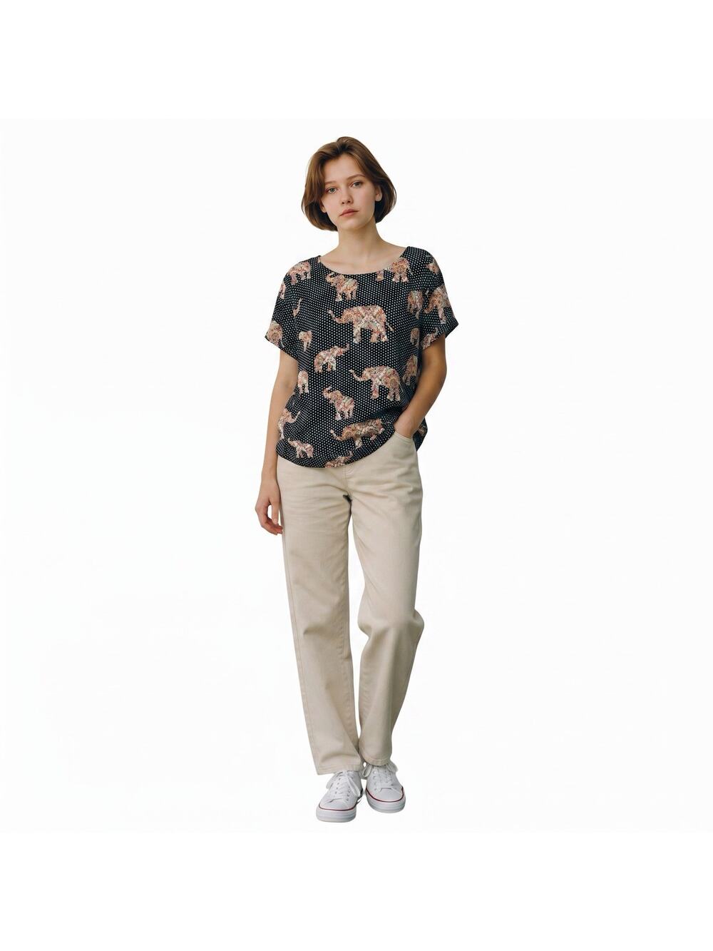 Chicos Womens Reversible Top Jaipur Elephants Print Sz 3 Black Career Travel NWT